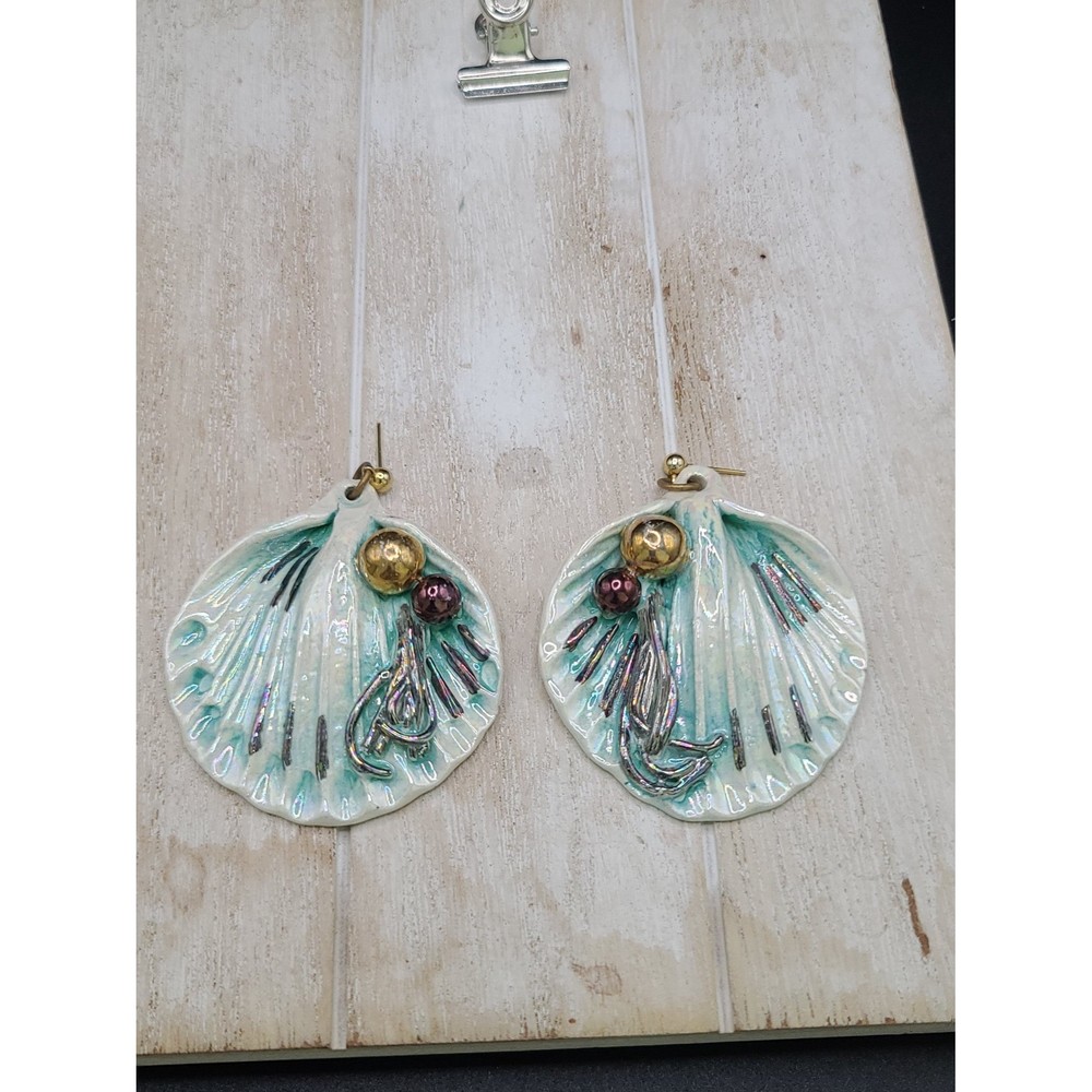 Signed Ceramic Shell With Pearl Dangle Earrings - image 2